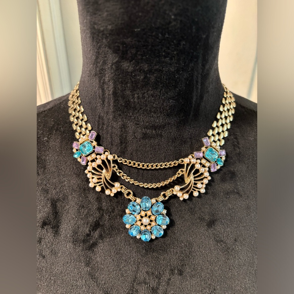 Vintage Inspired Goldtone Tiered Bib Necklace with Blue & Purple Rhinestones
